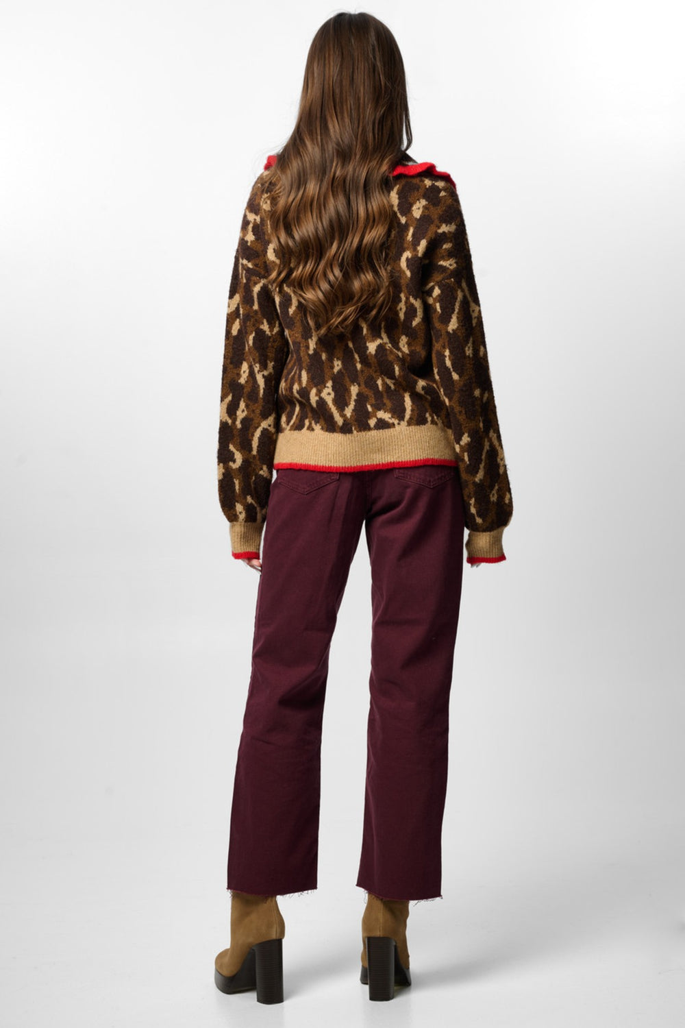 Leopard Collar Button Cardigan - Brown