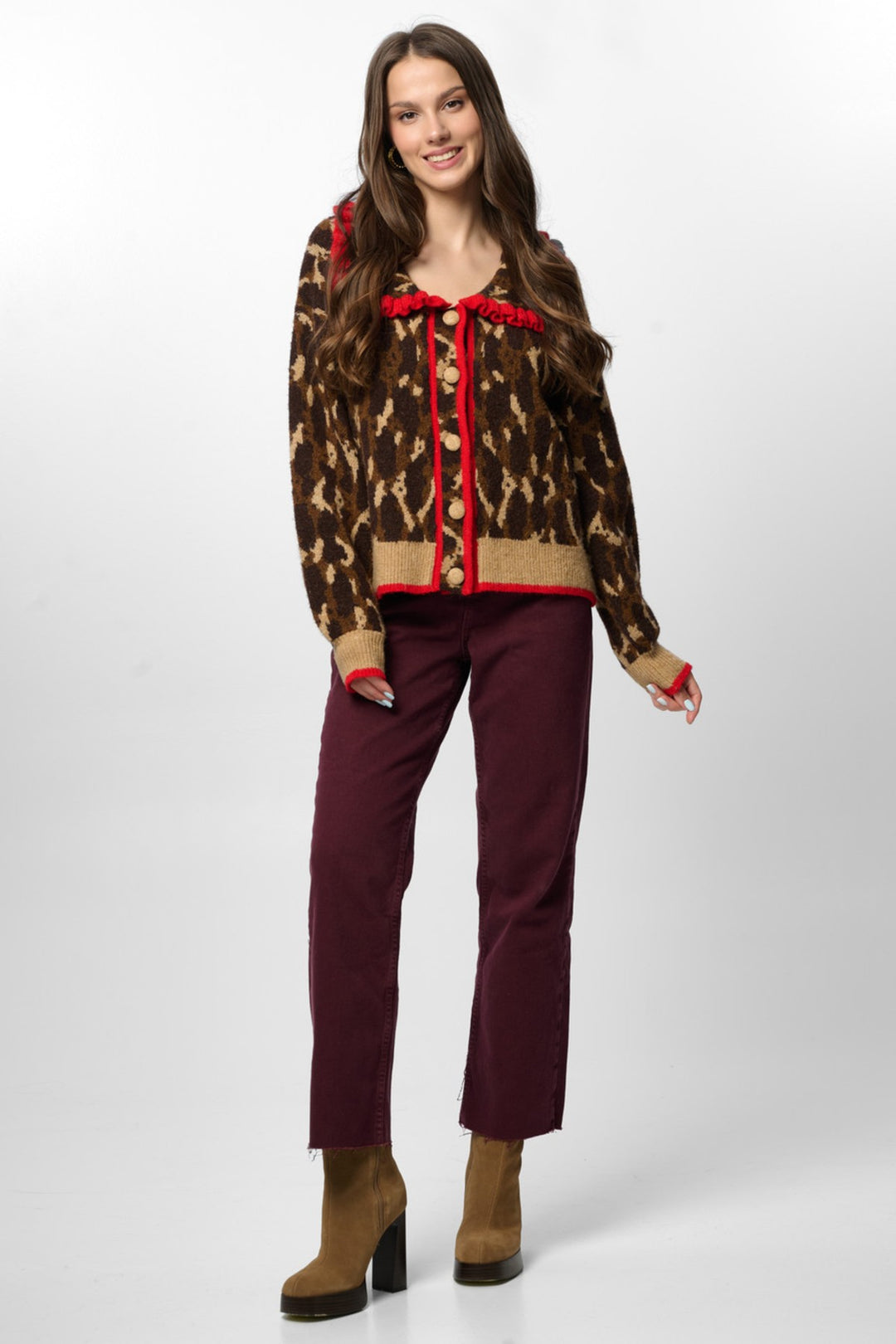 Leopard Collar Button Cardigan - Brown