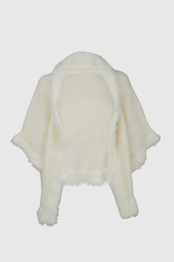 Fur Trim Knit Open Cardigan - White