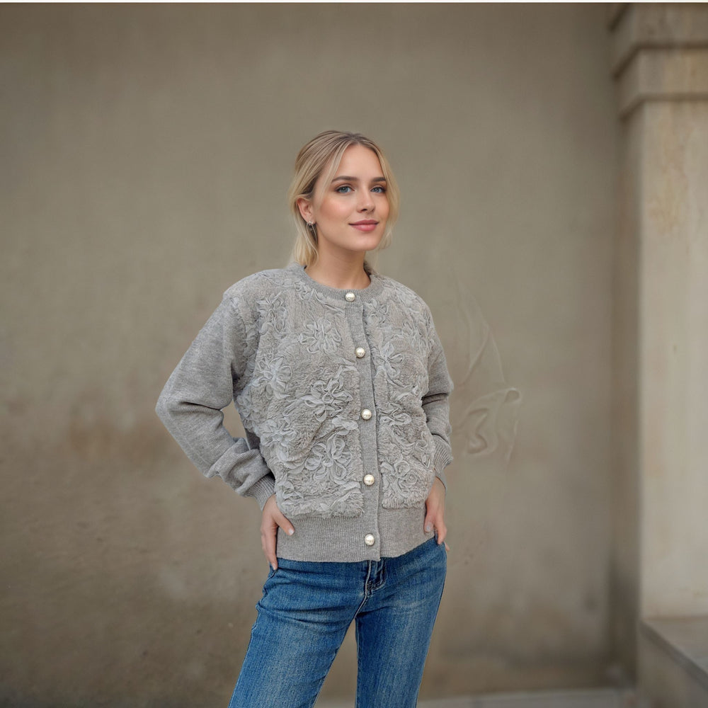 Floral Velour Button Cardigan - Grey