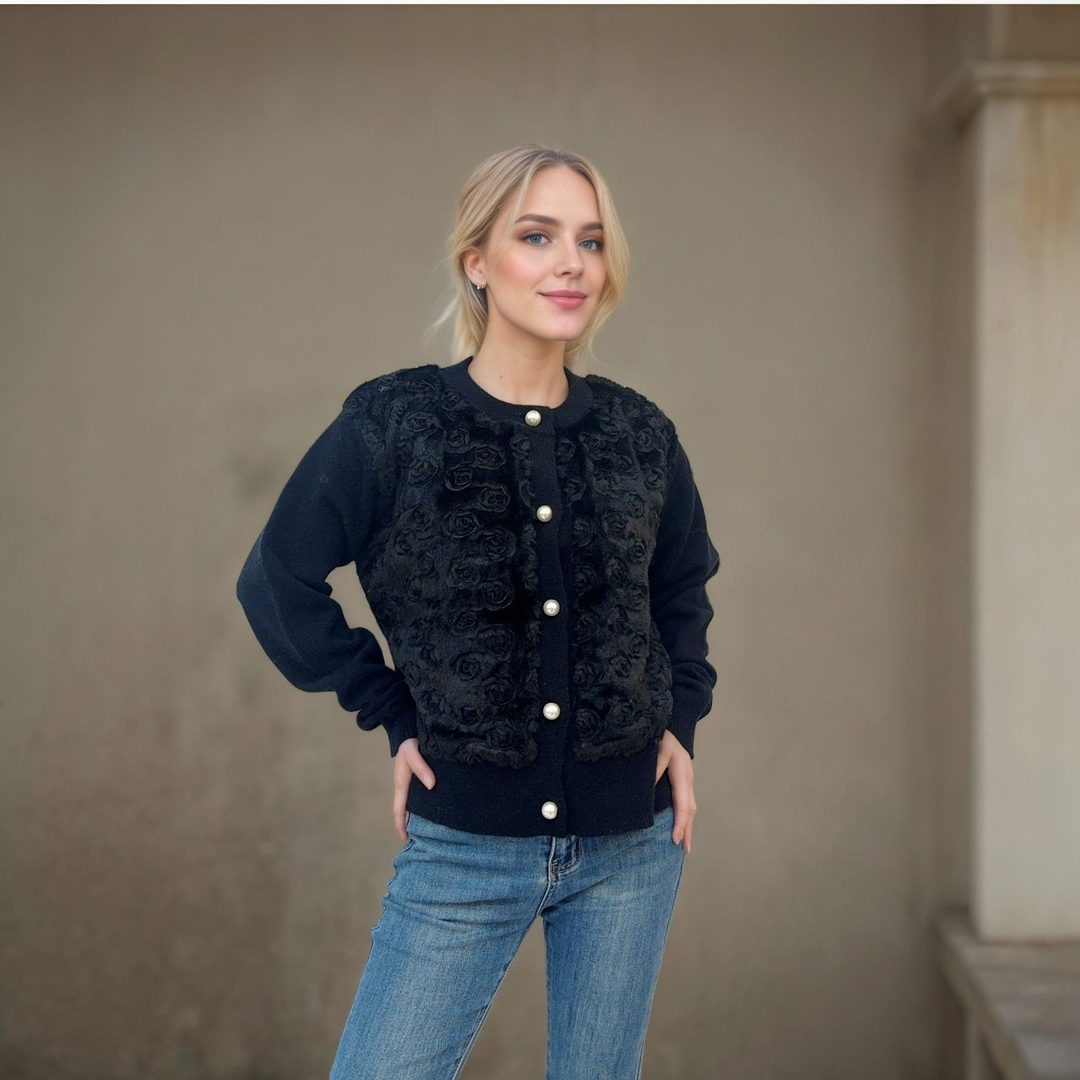 Floral Velour Button Cardigan - Black