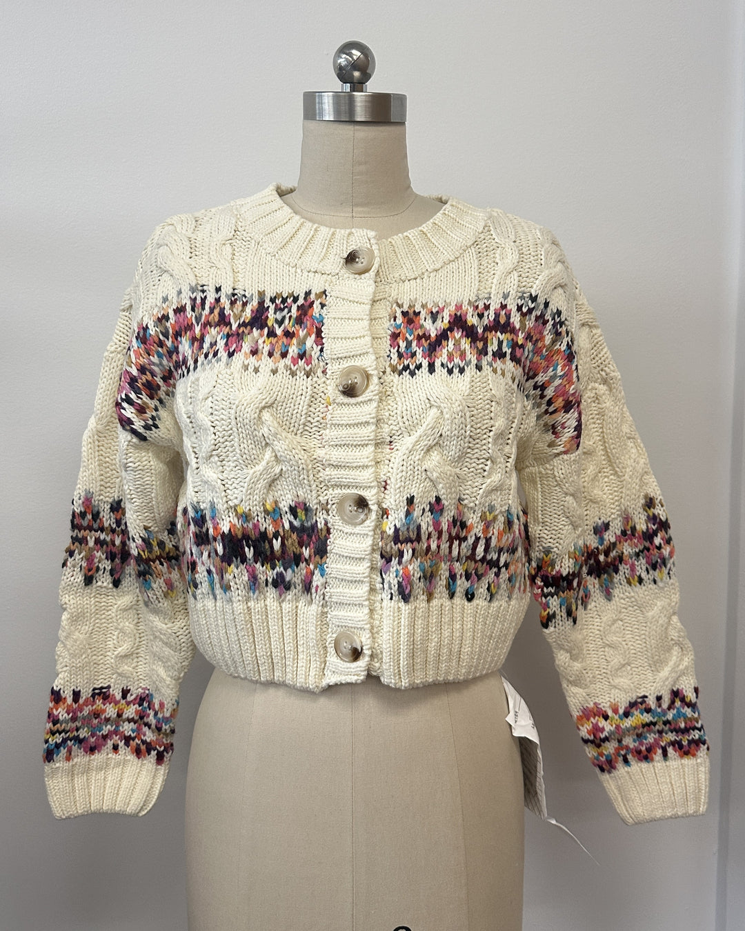 Fair Isle Cable Knit Cardigan - Ivory Mutli
