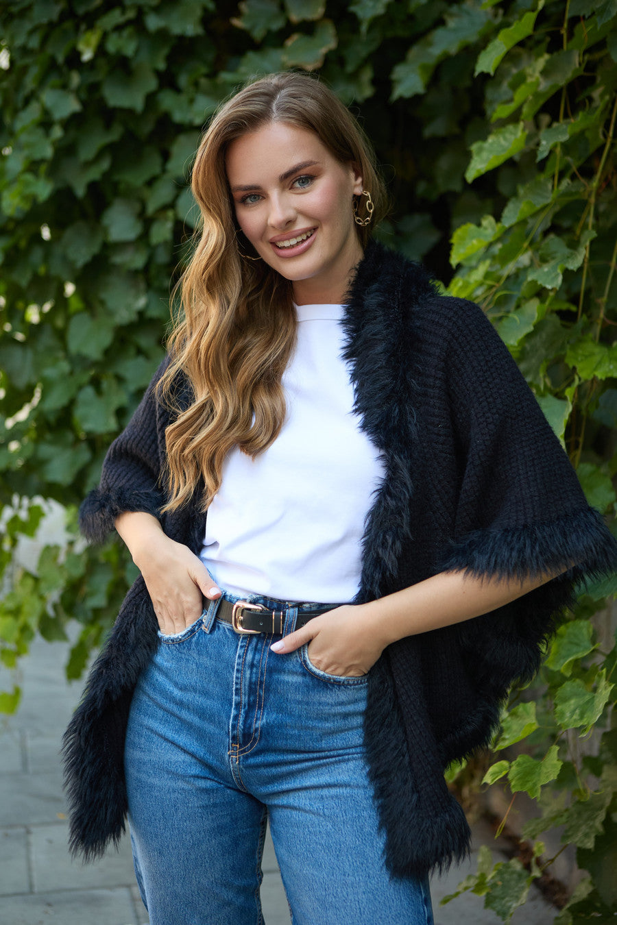 Fur Trim Knit Open Cardigan - Black
