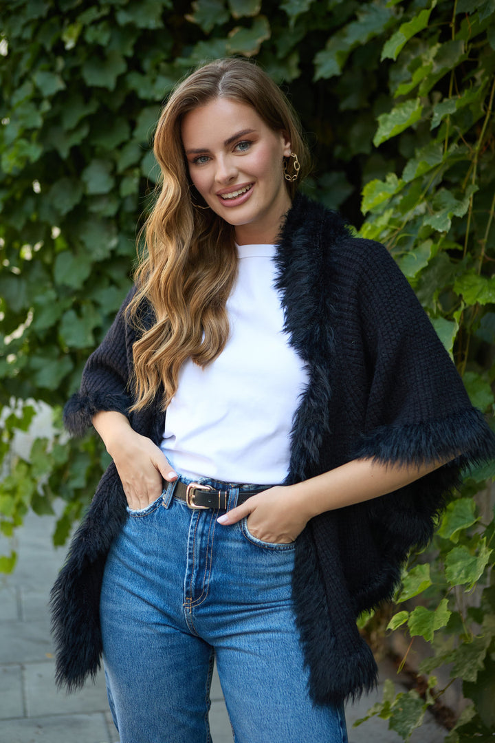 Fur Trim Knit Open Cardigan