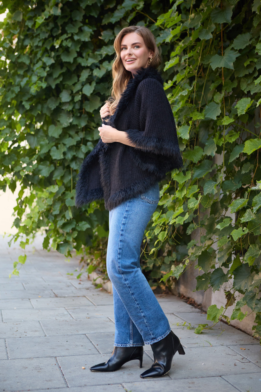 Fur Trim Knit Open Cardigan - Black