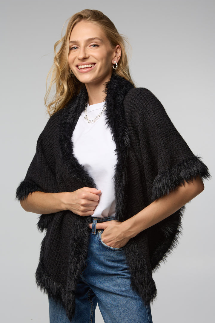 Fur Trim Knit Open Cardigan
