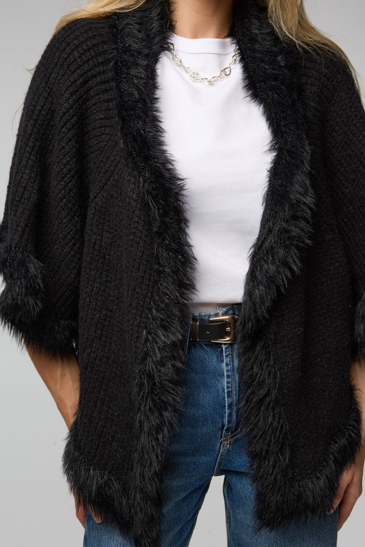 Fur Trim Knit Open Cardigan