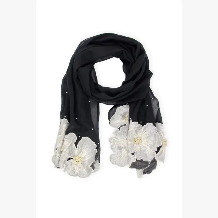 3D Floral Silk Embroidered Scarf with Eyelash Fringe