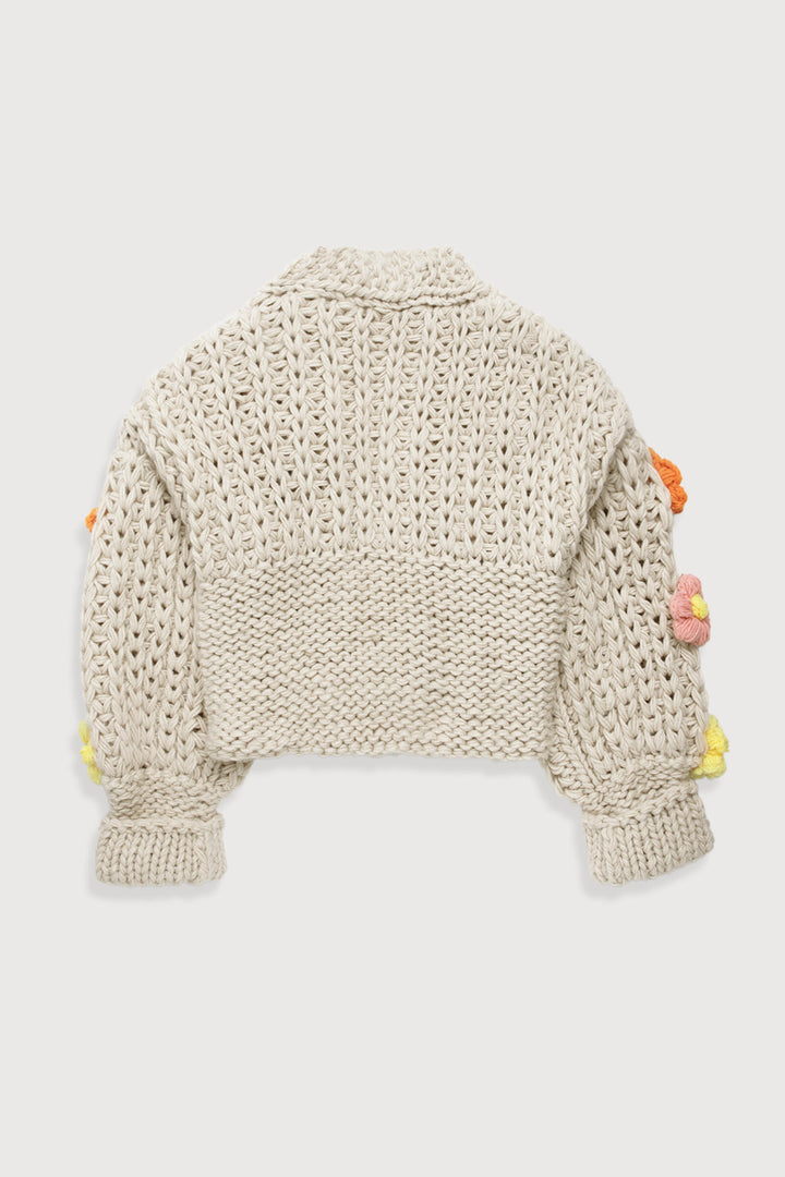 Knitted Floral Appliqué Cardigan With Buttons
