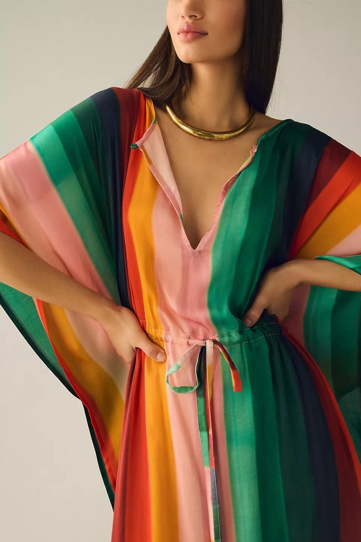 Multicolor Striped Tie Waist Keyhole Kaftan