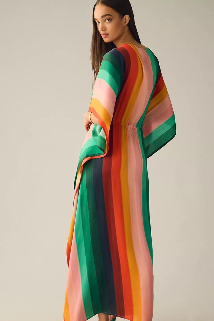 Multicolor Striped Tie Waist Keyhole Kaftan