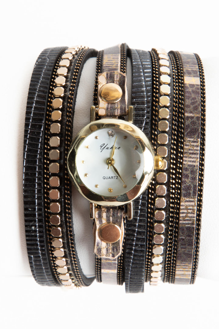 Accented Vegan Leather Wrap Bracelet Watch
