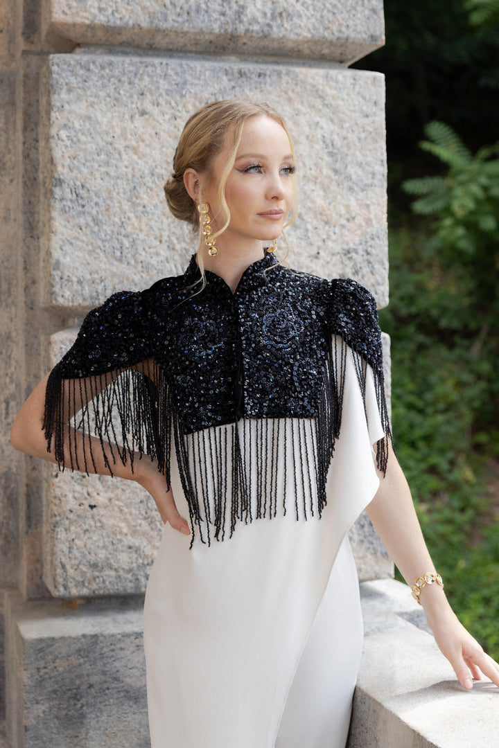 Rosette Embellished Velvet Fringed Capelet