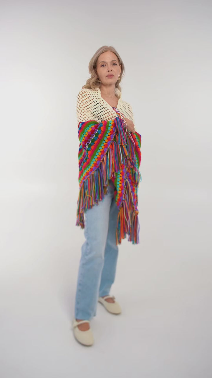 Rainbow Crochet Fringe Wrap