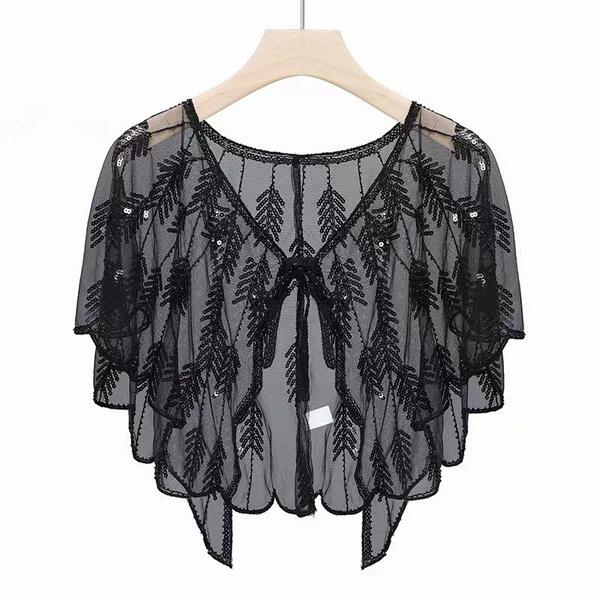 Sequin Detail Scallop Mesh Capelet