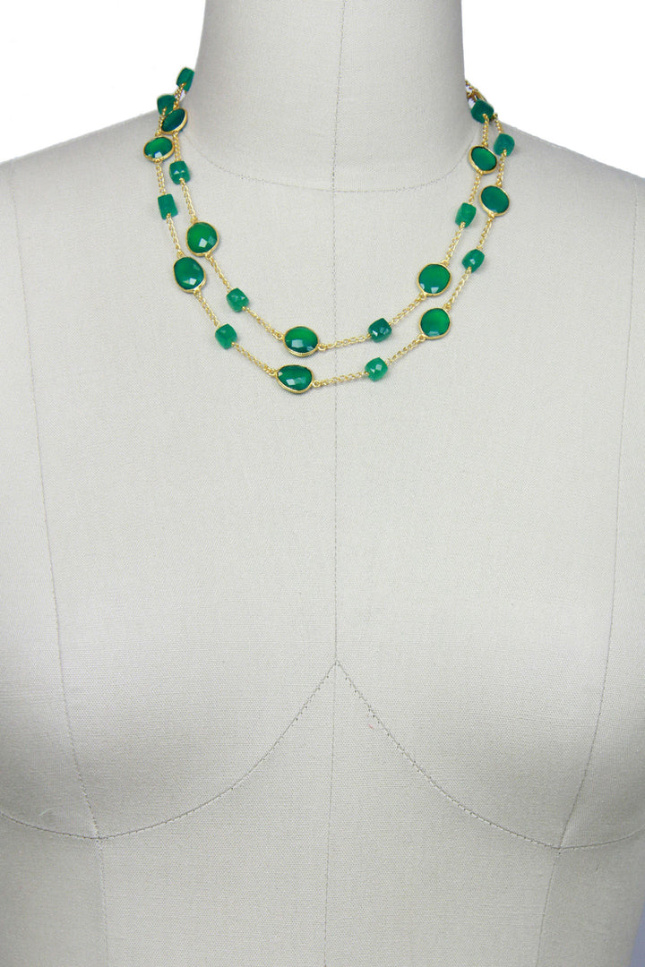 Green Onyx Stone and Green Onyx Beaded Gold Necklace