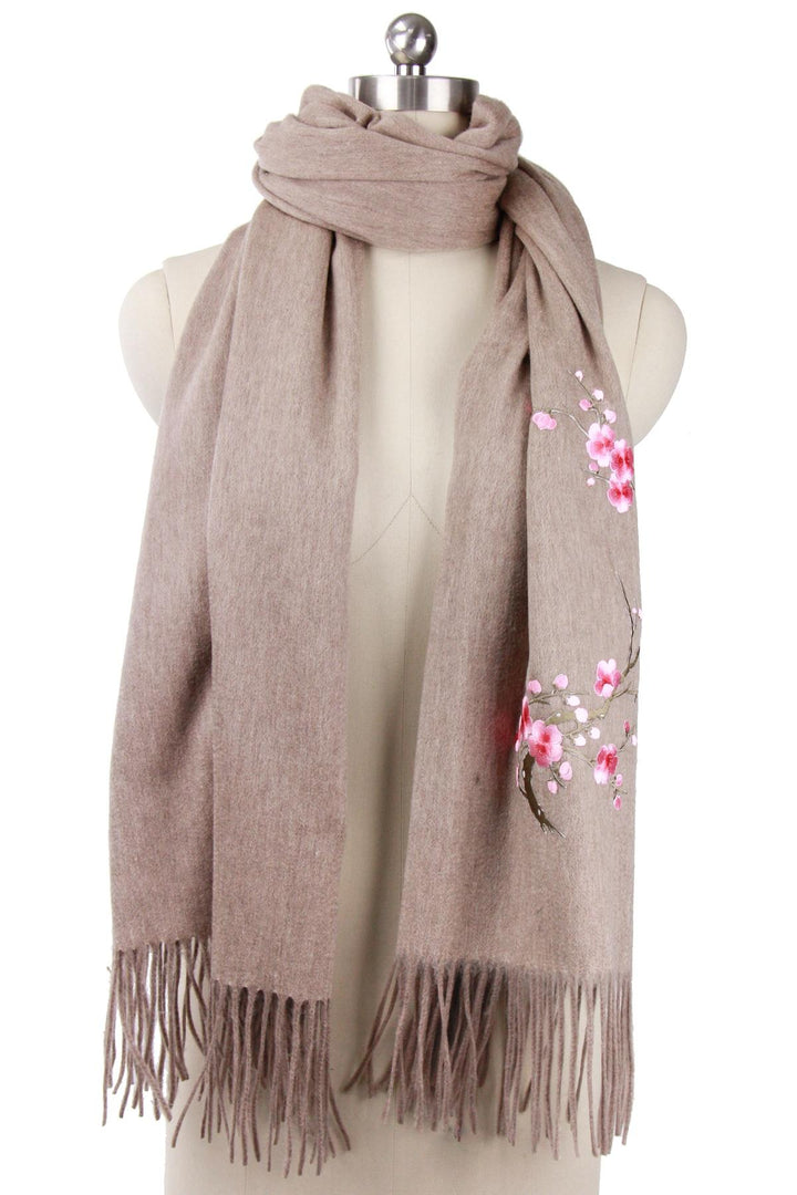 Embroidered Sakura Wool Woven Scarf with Fringe