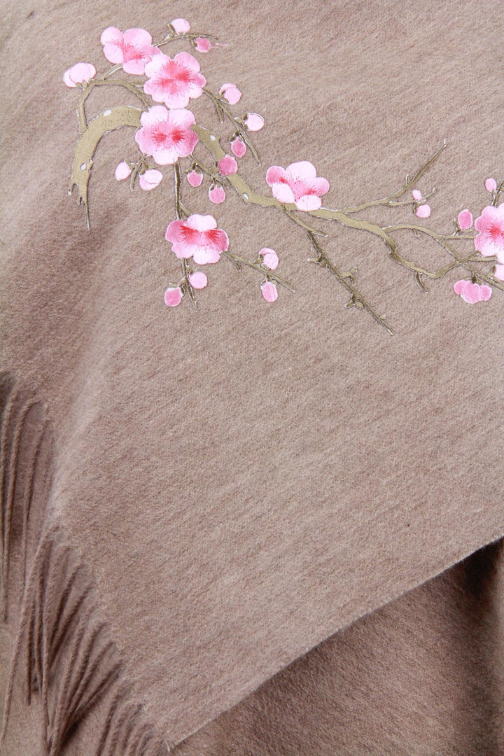Embroidered Sakura Wool Woven Scarf with Fringe