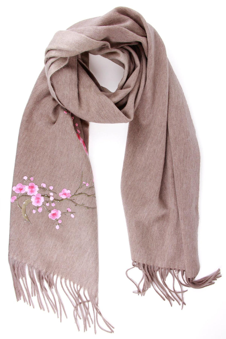 Embroidered Sakura Wool Woven Scarf with Fringe