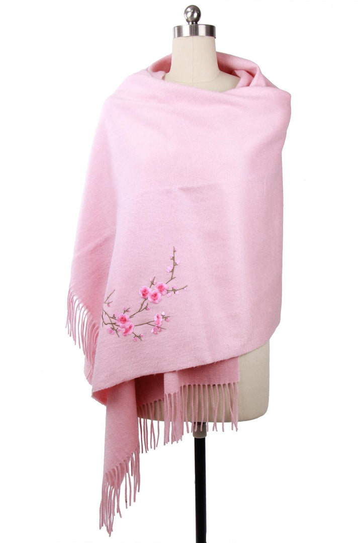 Embroidered Sakura Wool Woven Scarf with Fringe