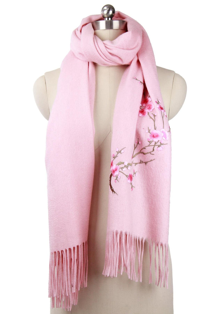 Embroidered Sakura Wool Woven Scarf with Fringe