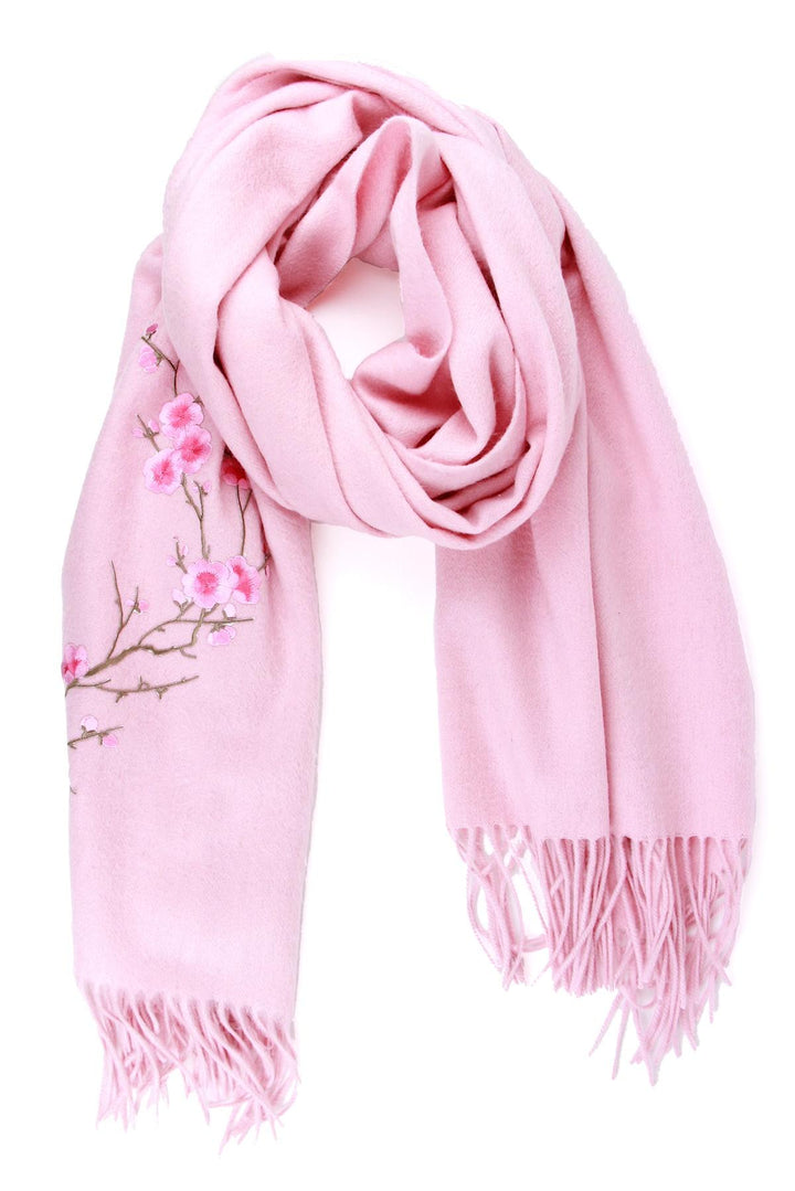 Embroidered Sakura Wool Woven Scarf with Fringe