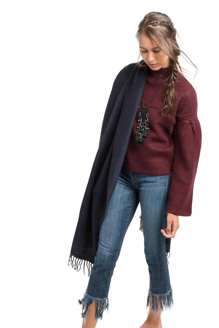 Bias Rib Knit Scarf with Twisted Fringe