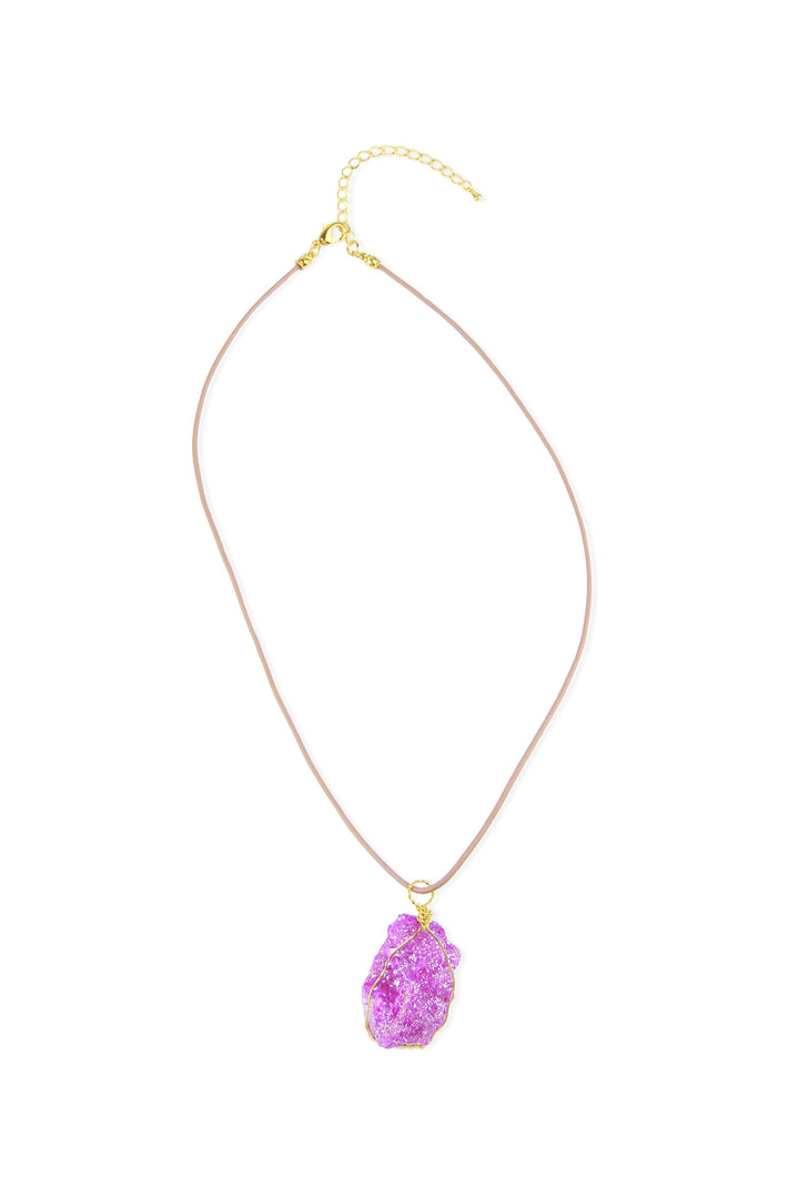 Wire Druzy Pendant Leather Necklace