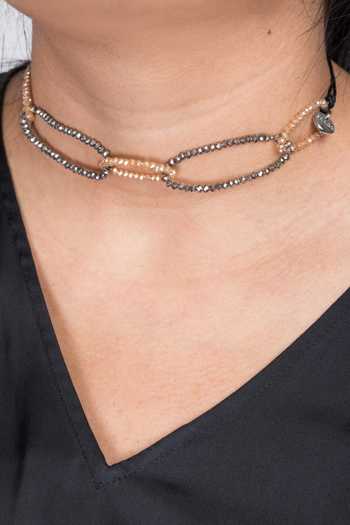 5-Oval Crystal Bead Ring Wrap Choker Bronze