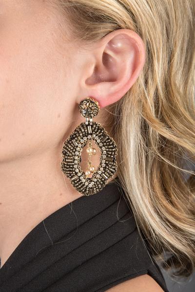 Rococo Leather Beaded Statement Drop Earring With Crystal