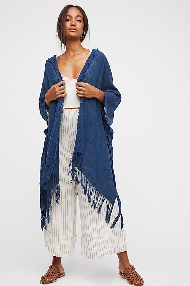 Dawn To Dusk Cotton Hooded Kimono With Fringe