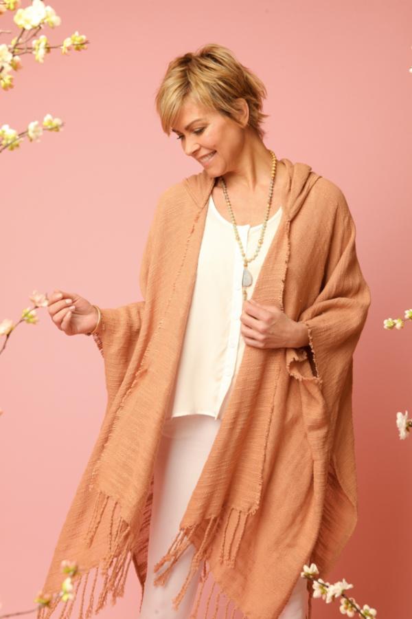 Dawn To Dusk Cotton Hooded Kimono With Fringe
