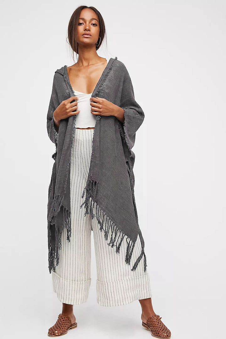 Dawn To Dusk Cotton Hooded Kimono With Fringe