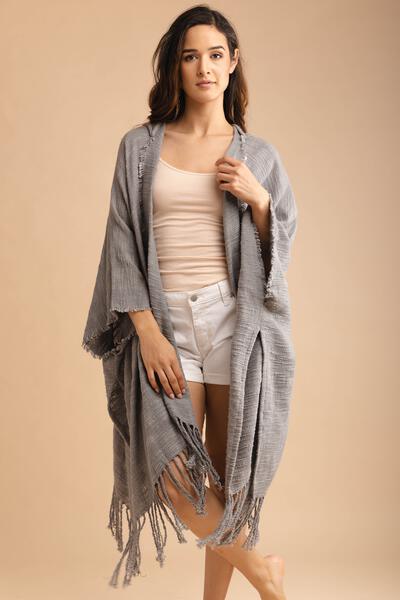 Dawn To Dusk Cotton Hooded Kimono With Fringe