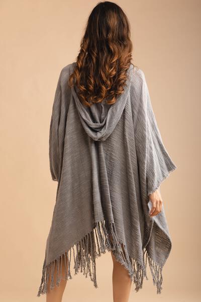 Dawn To Dusk Cotton Hooded Kimono With Fringe