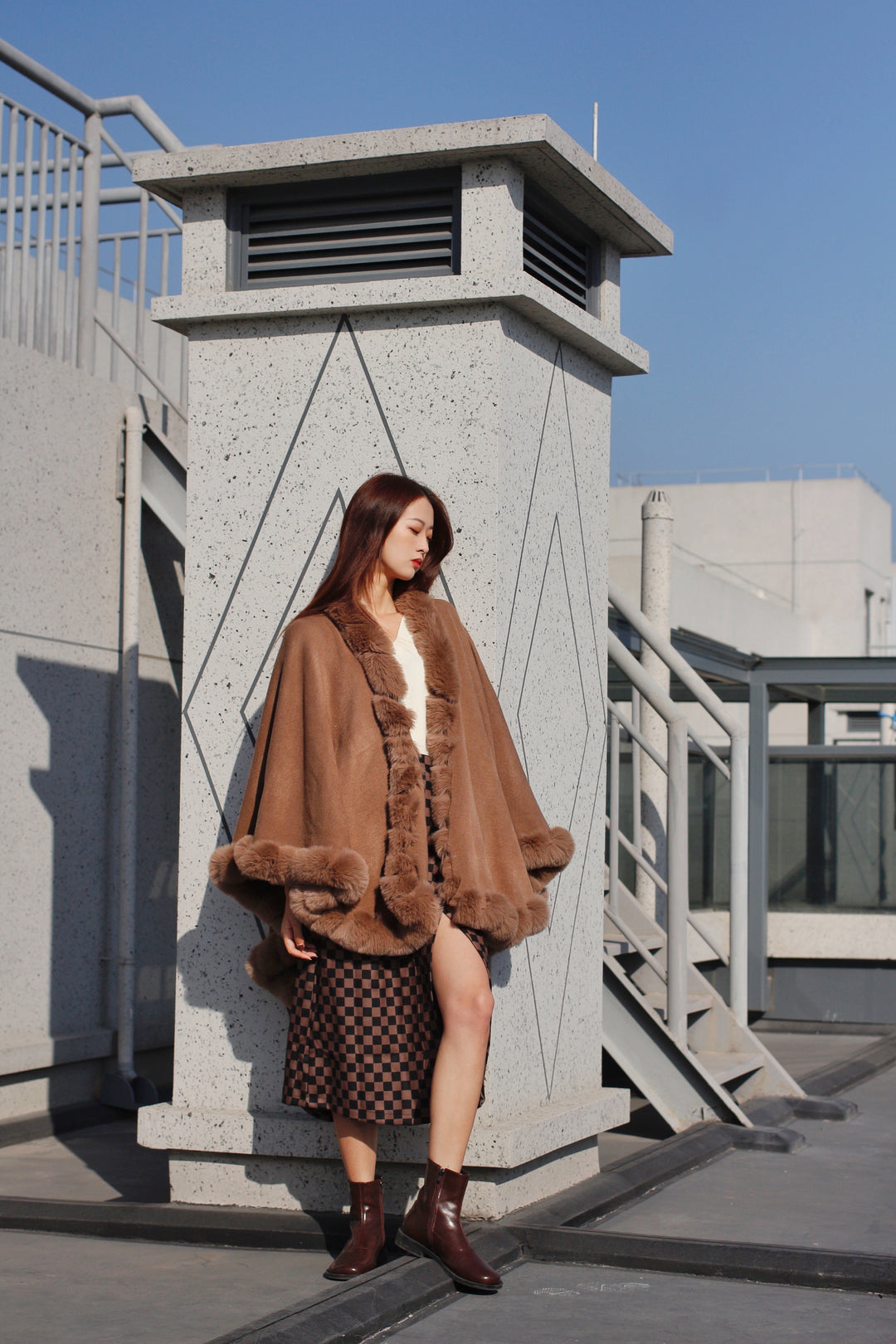 Faux Fur Cape Kimono Camel