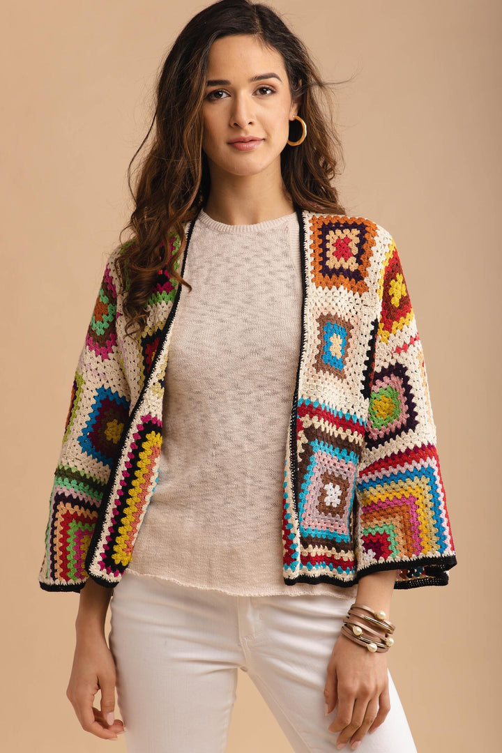 Granny Multi Square Crochet Short Jacket cornsilk