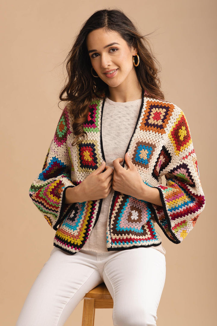 Granny Multi Square Crochet Short Jacket cornsilk