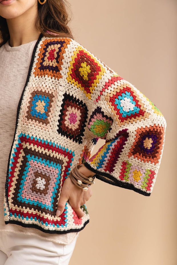 Granny Multi Square Crochet Short Jacket cornsilk
