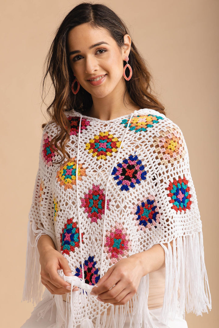 White Square Crochet Fringe Poncho