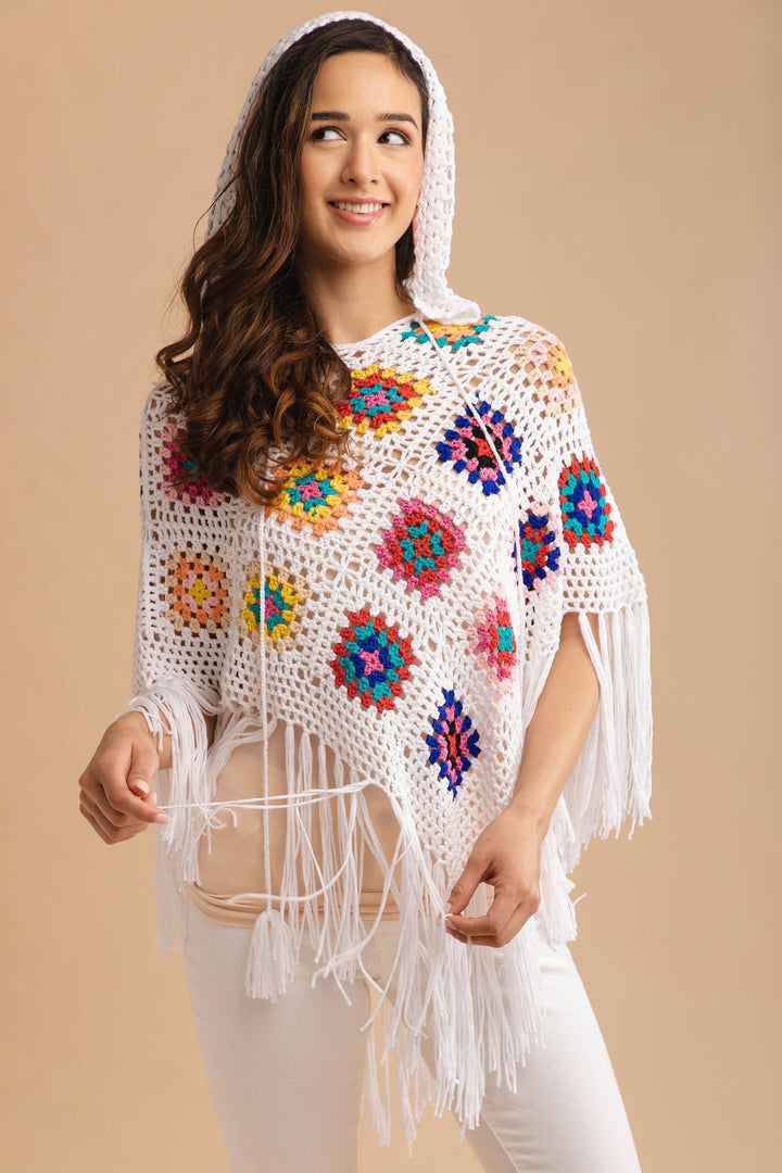 White Square Crochet Fringe Poncho