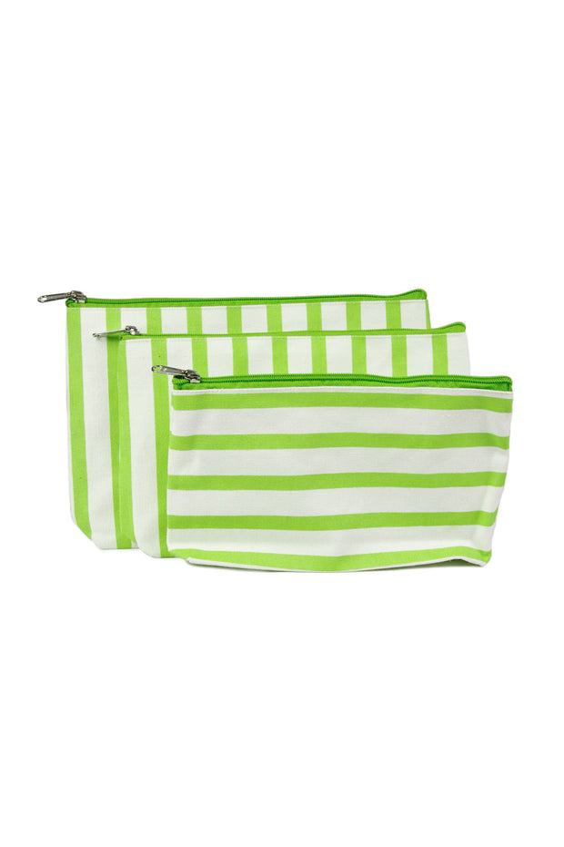 White and Green Striped Cosmetic Bag