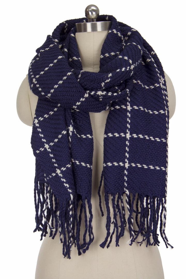 Stitched Plaid Acrylic Scarf With Fringe
