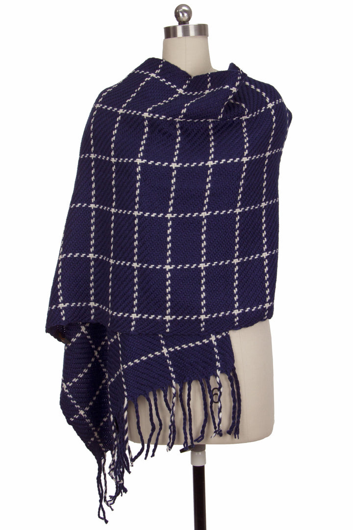 Stitched Plaid Acrylic Scarf With Fringe
