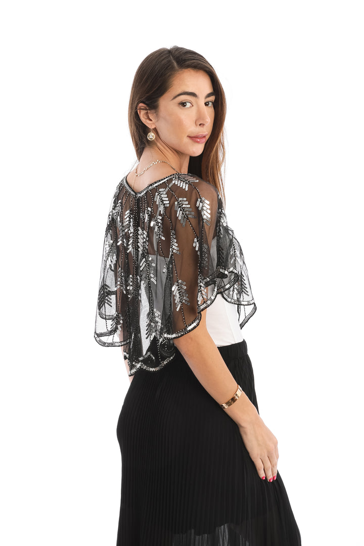Sequin Detail Scallop Mesh Capelet