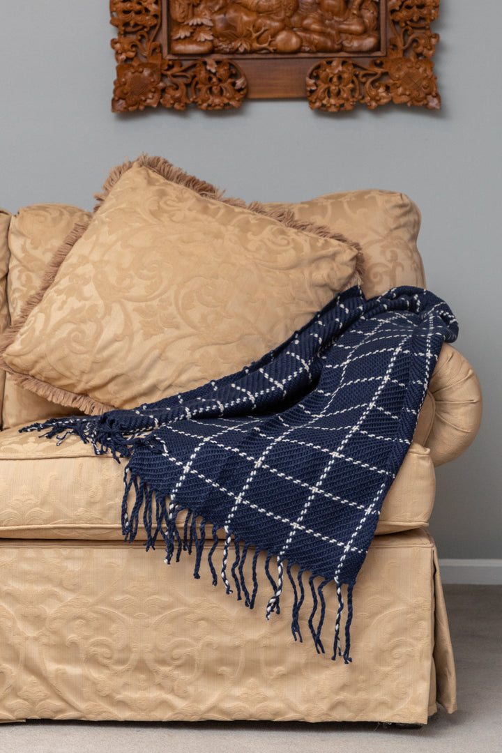 Stitched Plaid Acrylic Scarf With Fringe