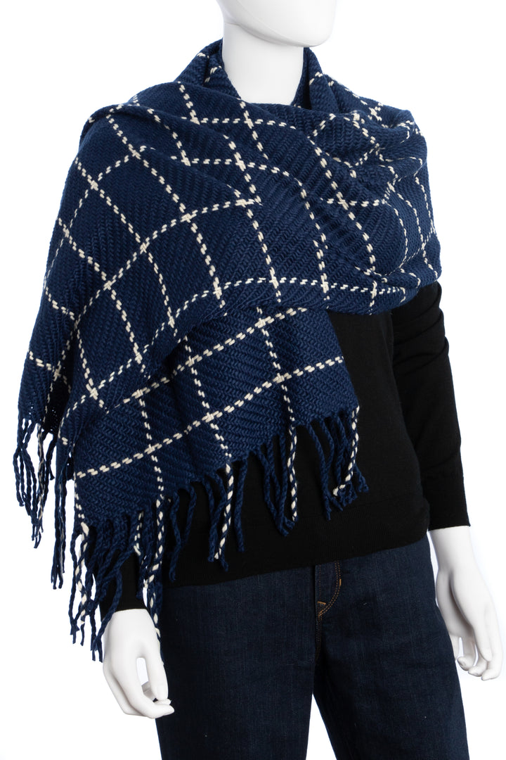 Stitched Plaid Acrylic Scarf With Fringe