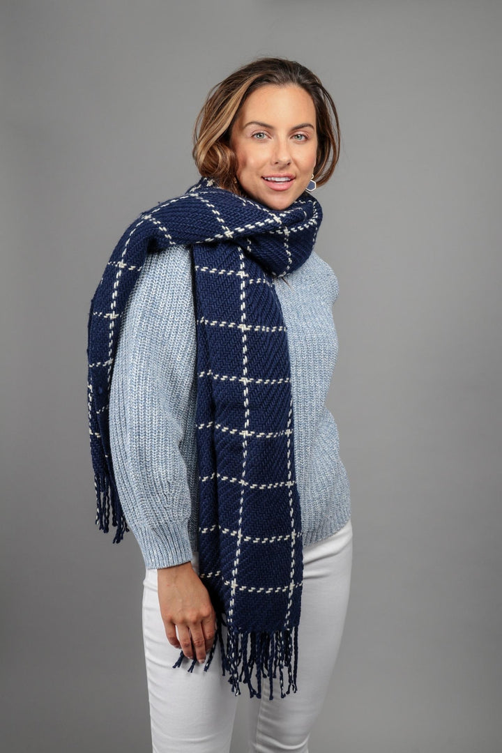 Stitched Plaid Acrylic Scarf With Fringe