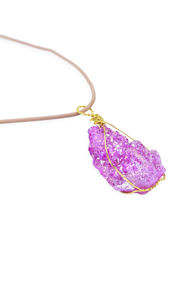 Wire Druzy Pendant Leather Necklace