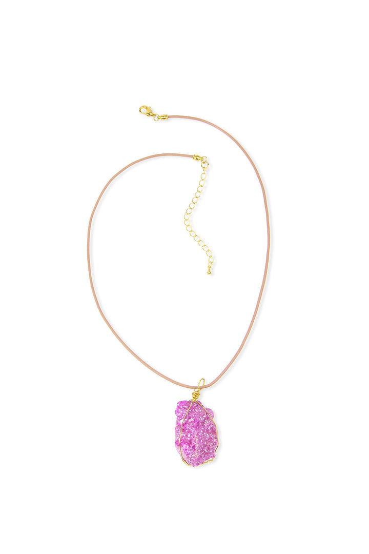 Wire Druzy Pendant Leather Necklace